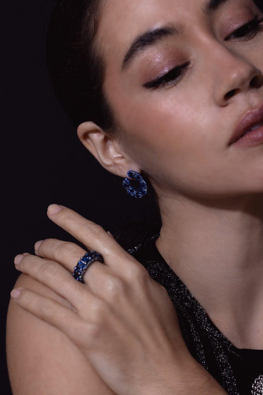 SABOO FINE JEWELS-Blue Sapphire Circle Earrings-WHITE GOLD