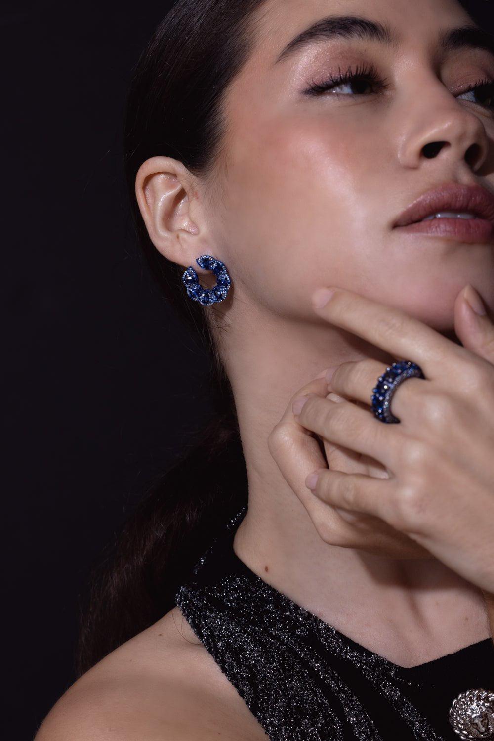 SABOO FINE JEWELS-Blue Sapphire Circle Earrings-WHITE GOLD