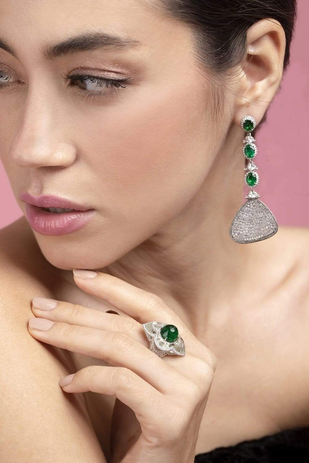 SABOO FINE JEWELS-Elemento Diamond and Emerald Drop Earrings-WHITE GOLD