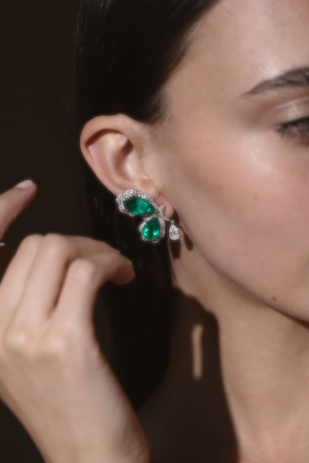 SABOO FINE JEWELS-Emerald Diamond Briolette Earrings-WHITE GOLD