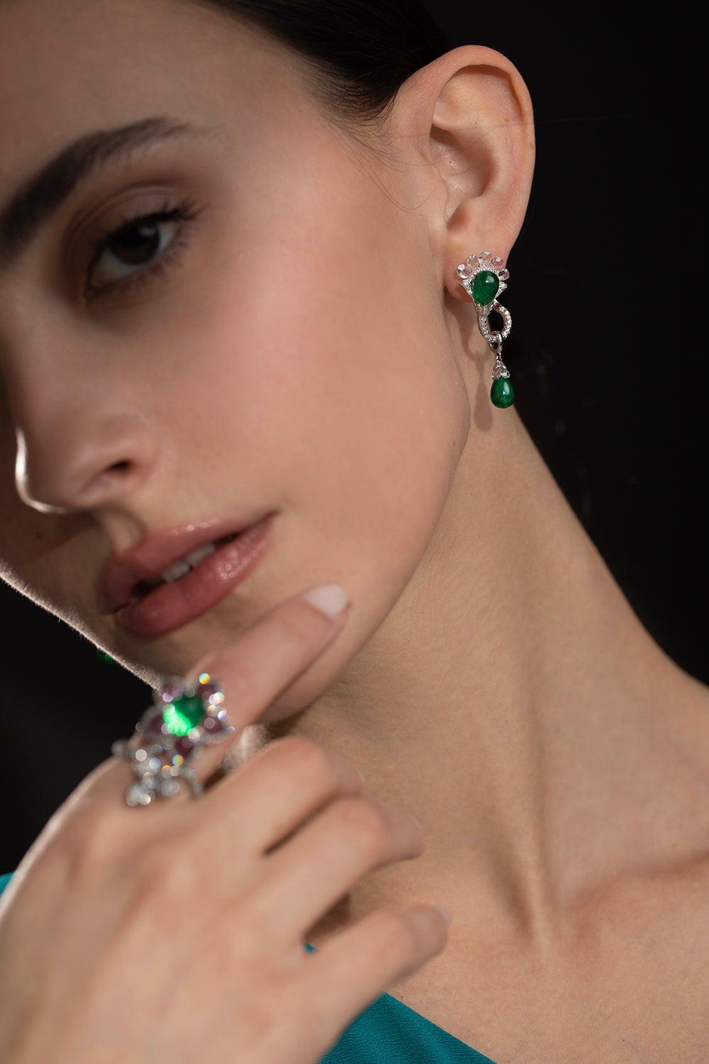 SABOO FINE JEWELS-Emerald Diamond Drop Earrings-WHITE GOLD