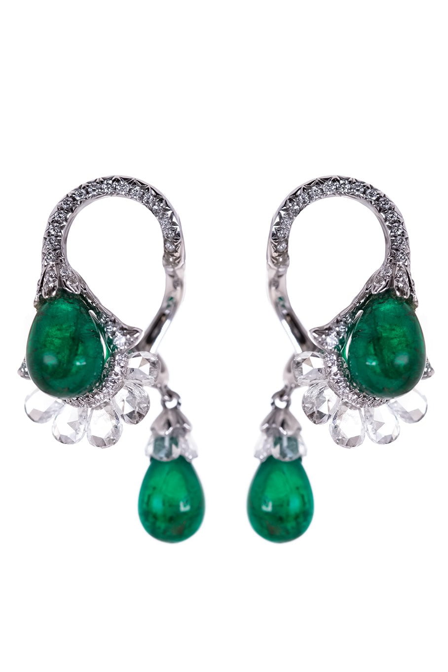 SABOO FINE JEWELS-Emerald Diamond Drop Earrings-WHITE GOLD