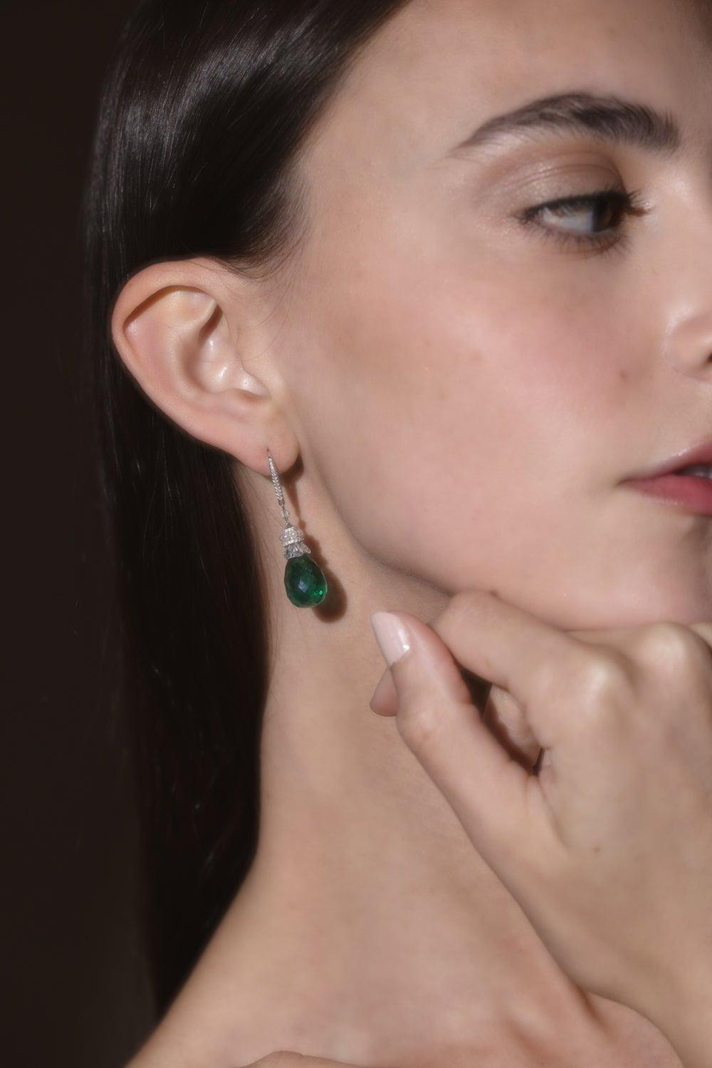 SABOO FINE JEWELS-Emerald Faceted Diamond Drop Earrings-WHITE GOLD