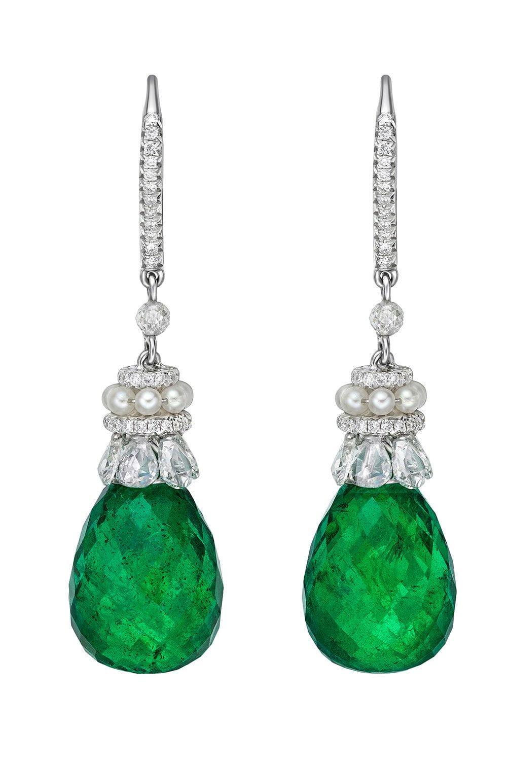 SABOO FINE JEWELS-Emerald Faceted Diamond Drop Earrings-WHITE GOLD
