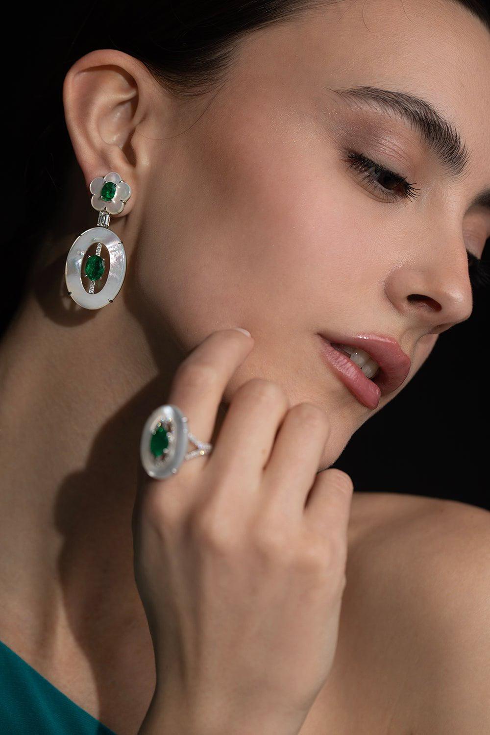 SABOO FINE JEWELS-Emerald Mother of Pearl Aura Drop Earrings-WHITE GOLD