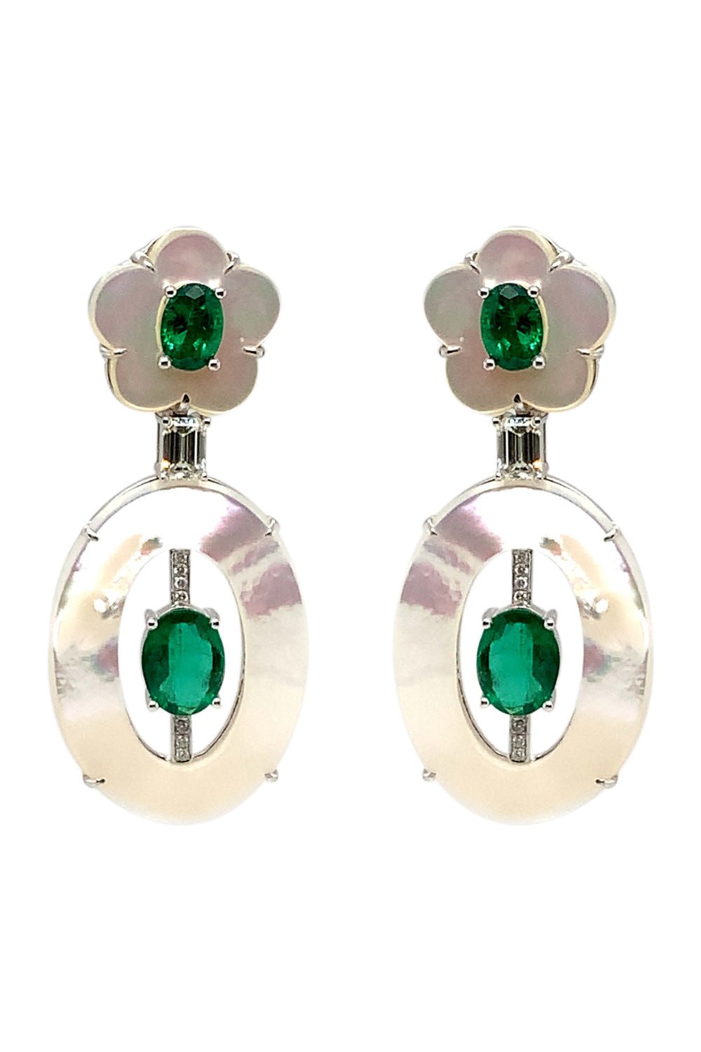 SABOO FINE JEWELS-Emerald Mother of Pearl Aura Drop Earrings-WHITE GOLD