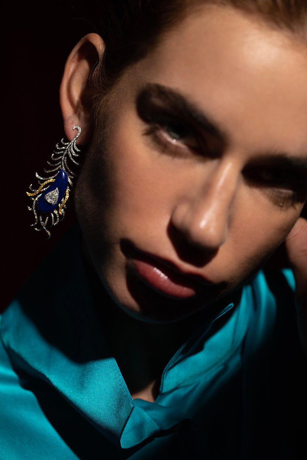 SABOO FINE JEWELS-Lapis Plume Earrings-WHITE GOLD