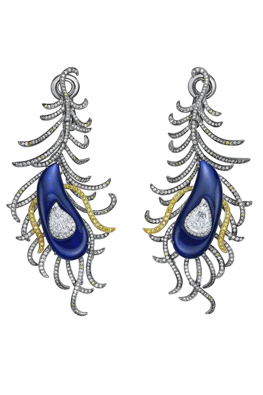 SABOO FINE JEWELS-Lapis Plume Earrings-WHITE GOLD