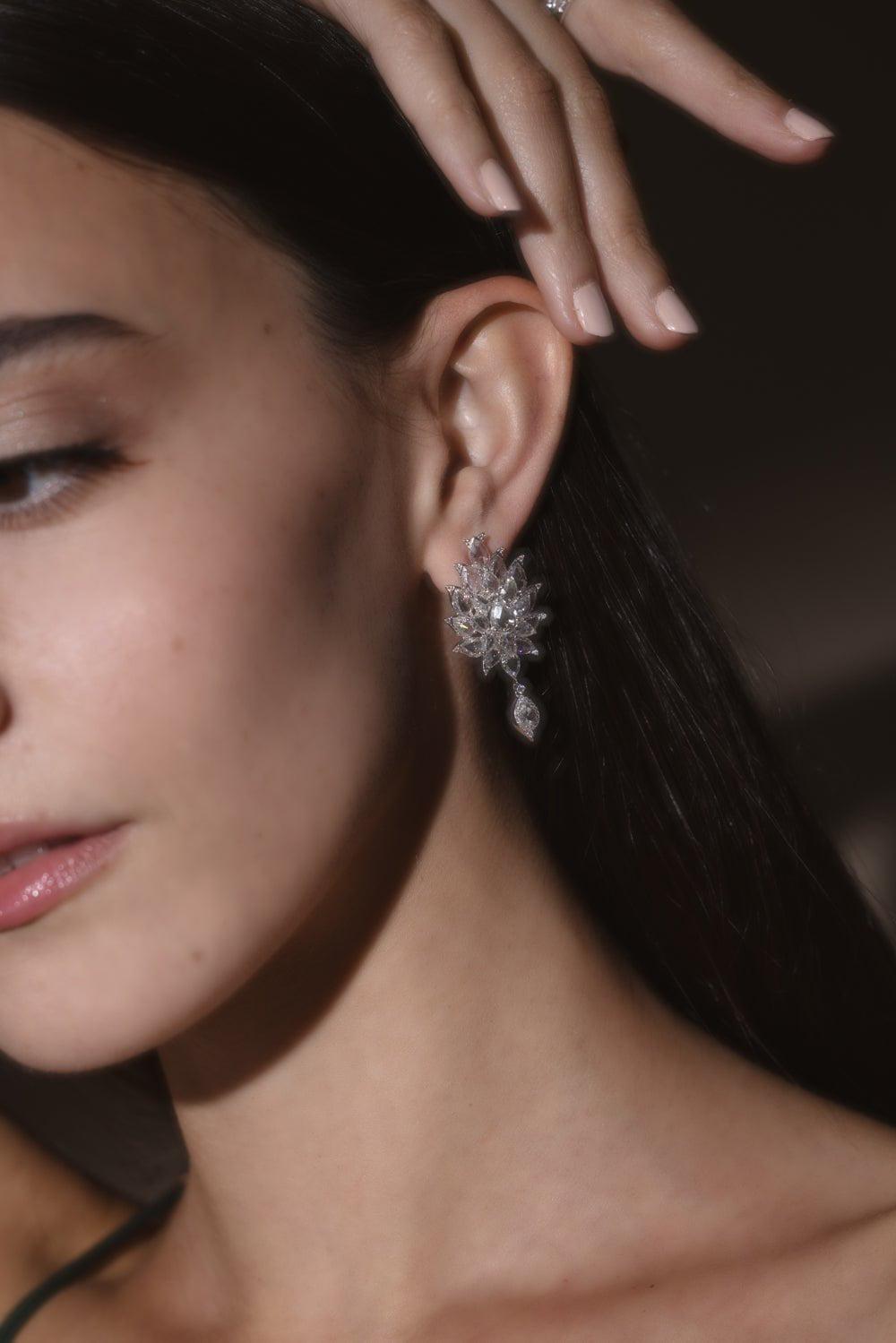 SABOO FINE JEWELS-Luminecent Rose Floral Earrings-WHITE GOLD