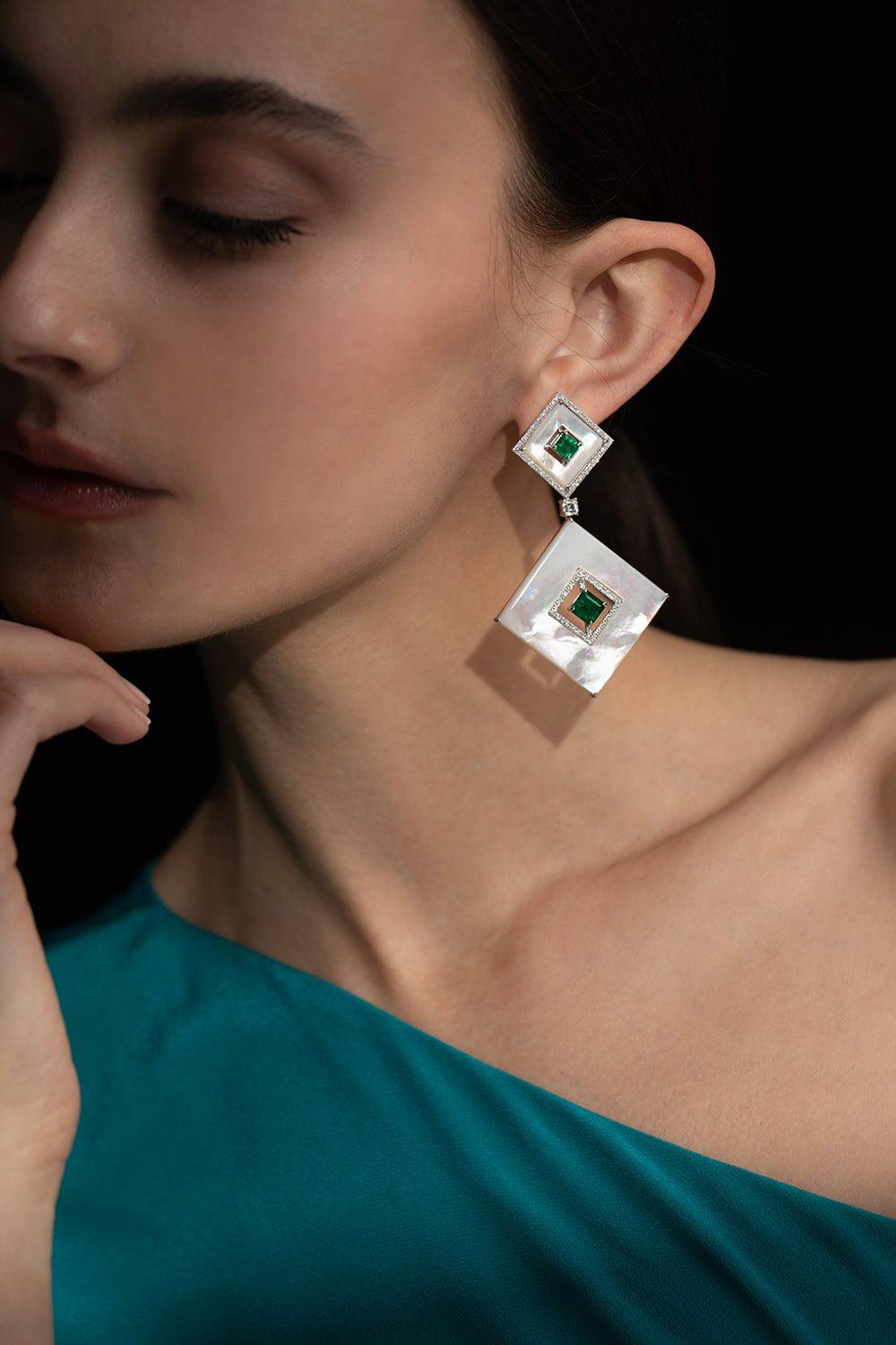 SABOO FINE JEWELS-Pearl Emerald Aura Drop Earrings-WHITE GOLD
