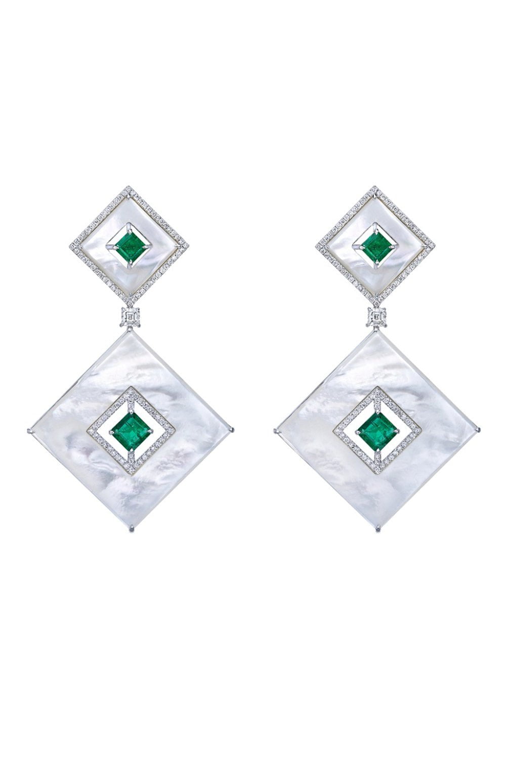 SABOO FINE JEWELS-Pearl Emerald Aura Drop Earrings-WHITE GOLD