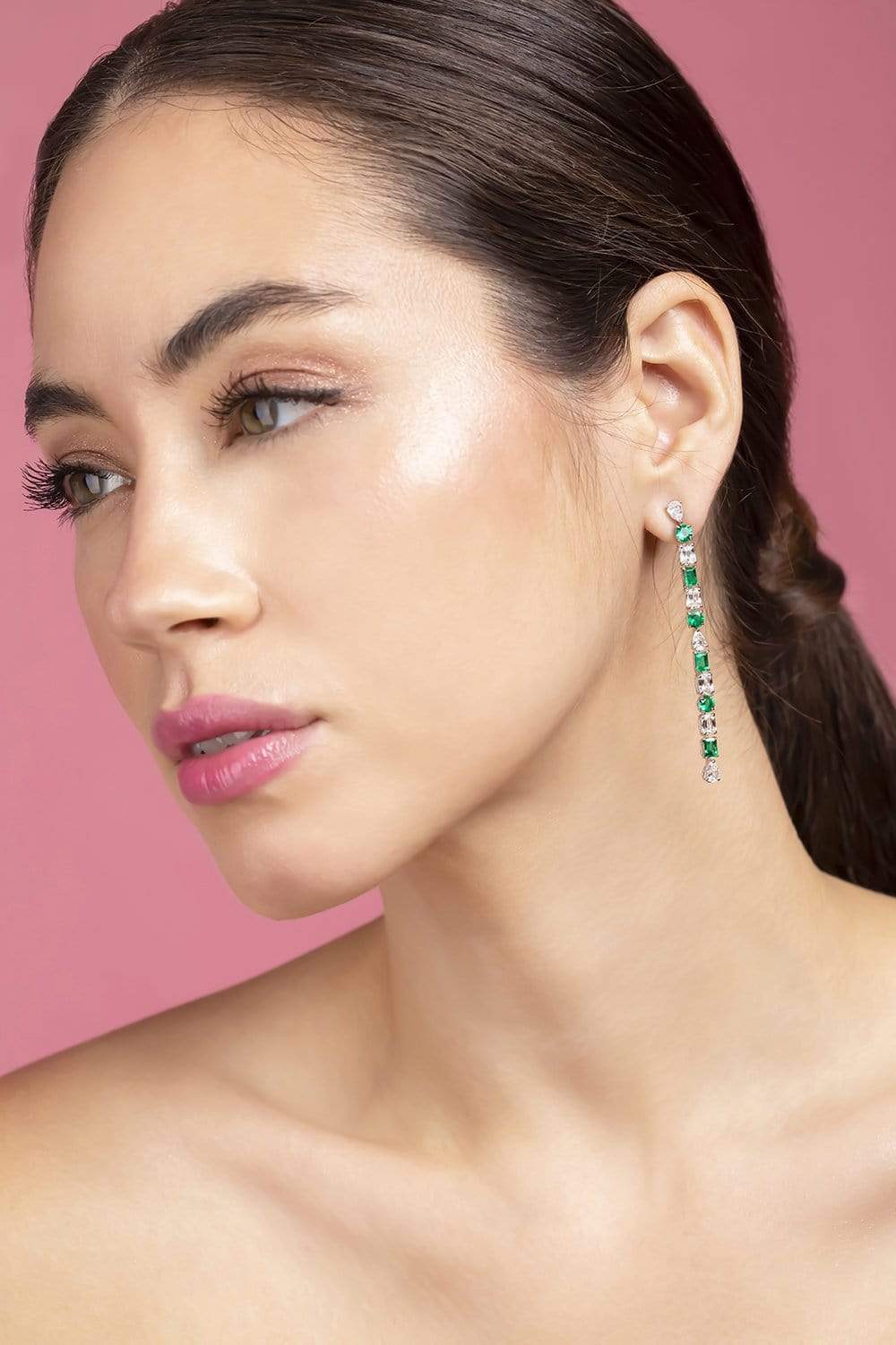 SABOO FINE JEWELS-Royalle Emerald and Diamond Line Earrings-WHITE GOLD