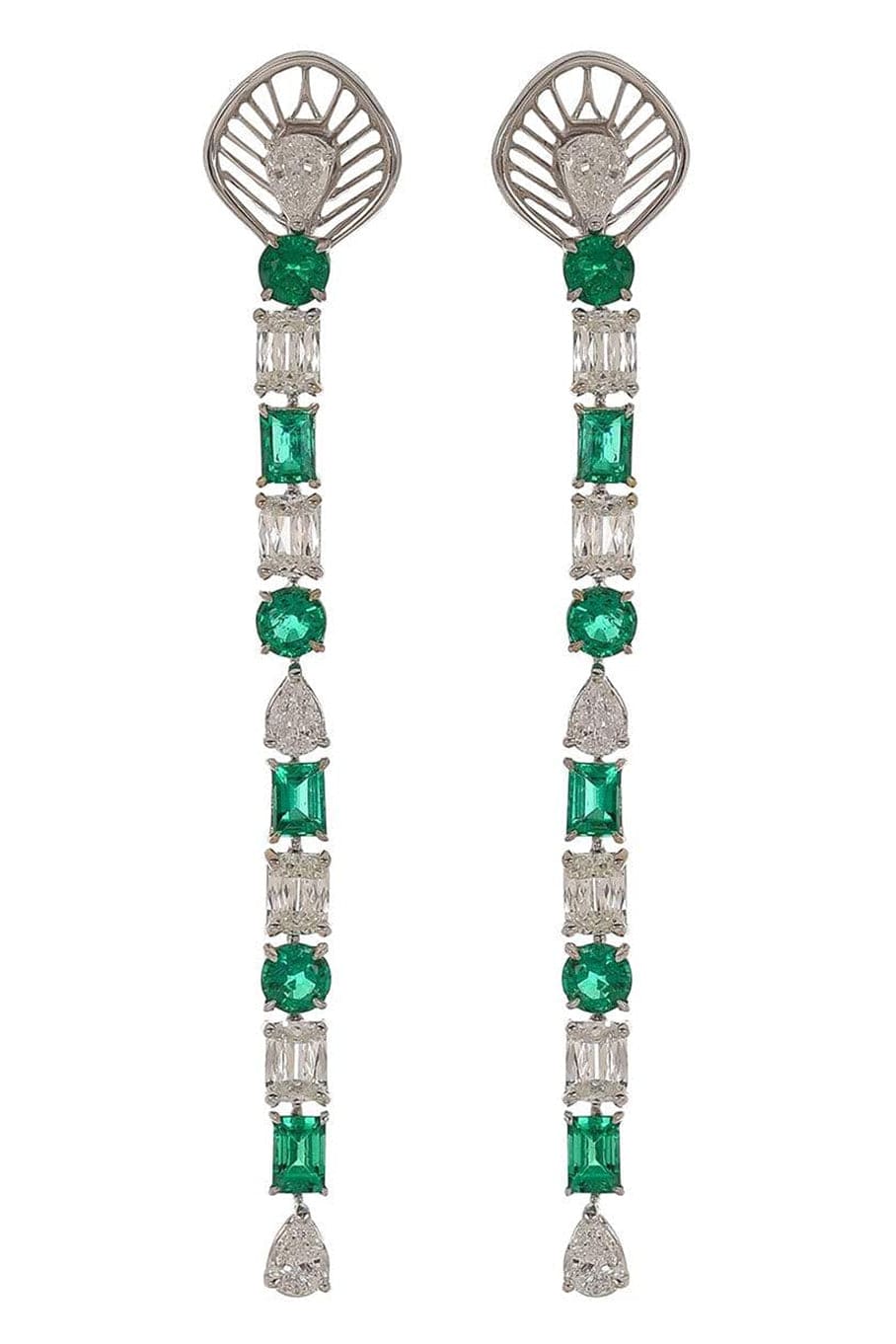 SABOO FINE JEWELS-Royalle Emerald and Diamond Line Earrings-WHITE GOLD