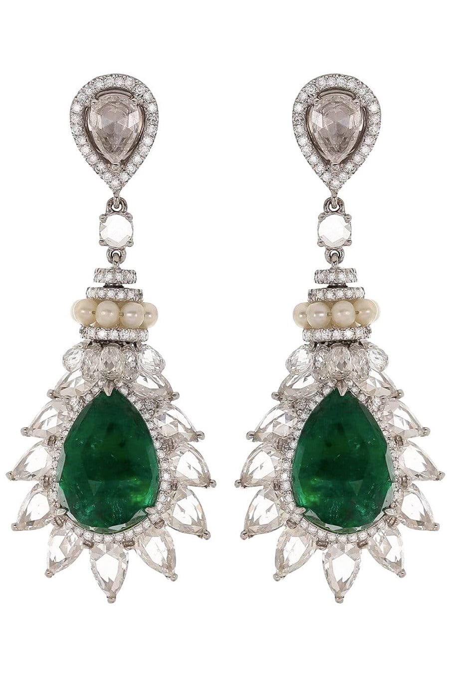 SABOO FINE JEWELS-Royalle Emerald and Diamond Ray Earrings-WHITE GOLD