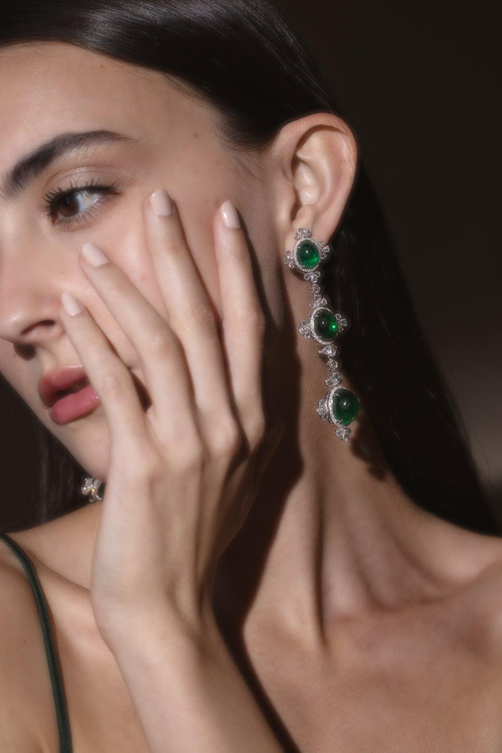 SABOO FINE JEWELS-Royalle Emerald Three Drop Earrings-WHITE GOLD