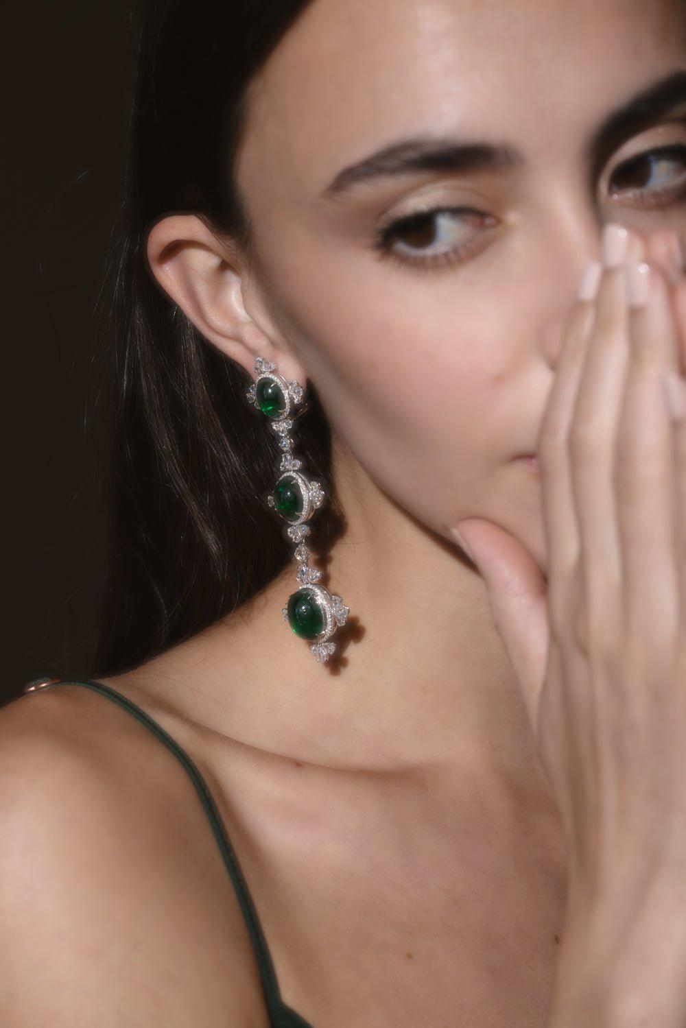 SABOO FINE JEWELS-Royalle Emerald Three Drop Earrings-WHITE GOLD