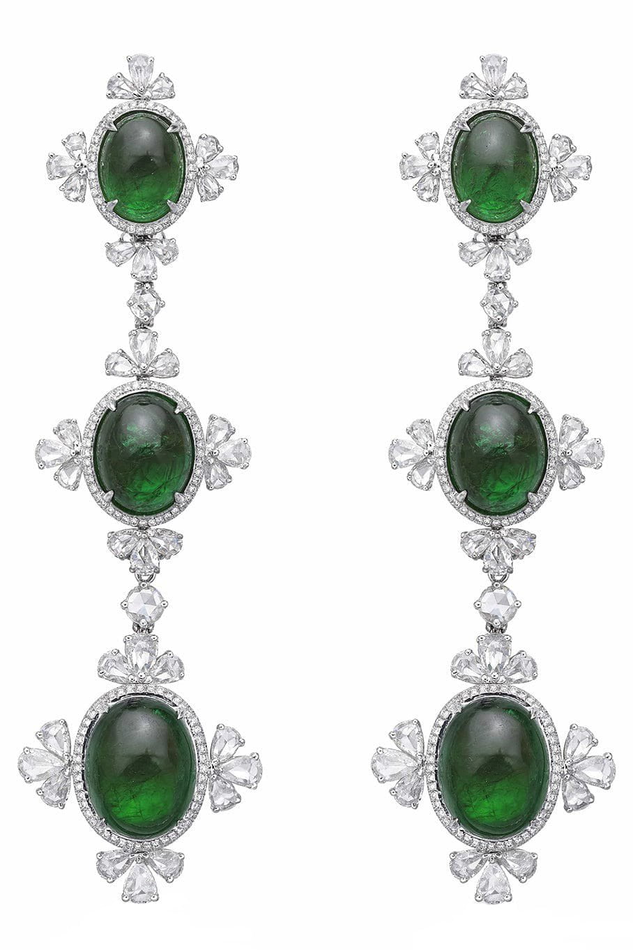 SABOO FINE JEWELS-Royalle Emerald Three Drop Earrings-WHITE GOLD