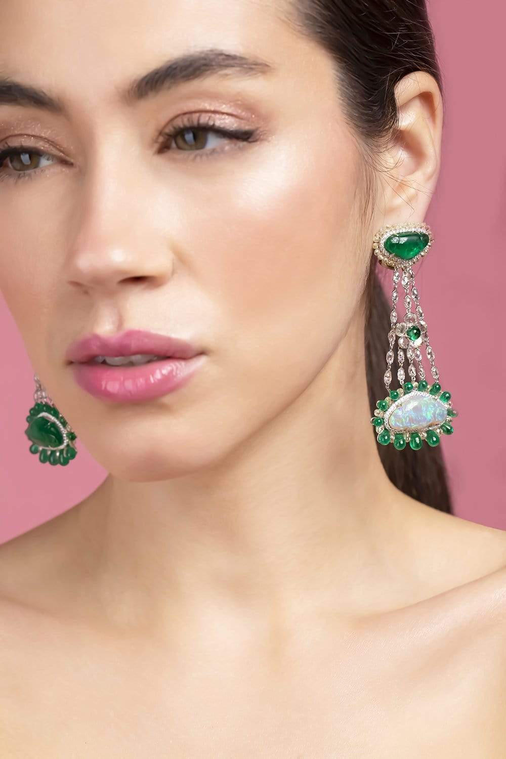 SABOO FINE JEWELS-Royalle Mixmatch Opal and Emerald Earrings-WHITE GOLD