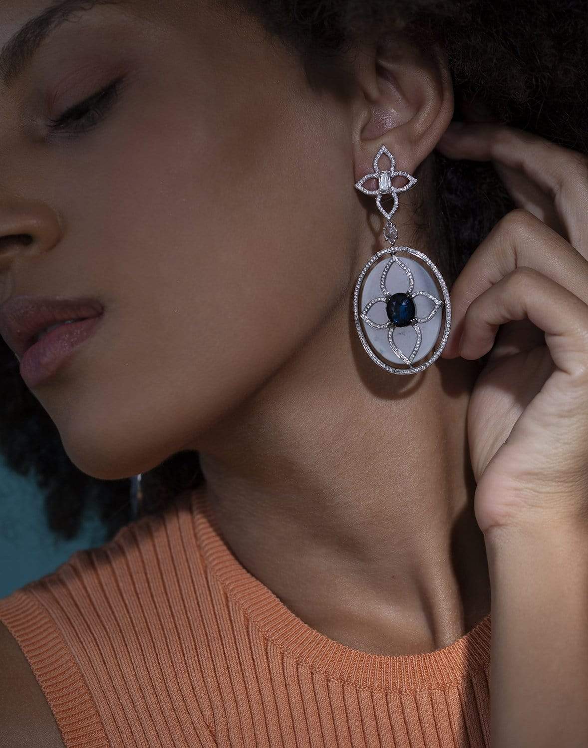 SABOO FINE JEWELS-Sapphire, Jade and Diamond Drop Earrings-WHITE GOLD