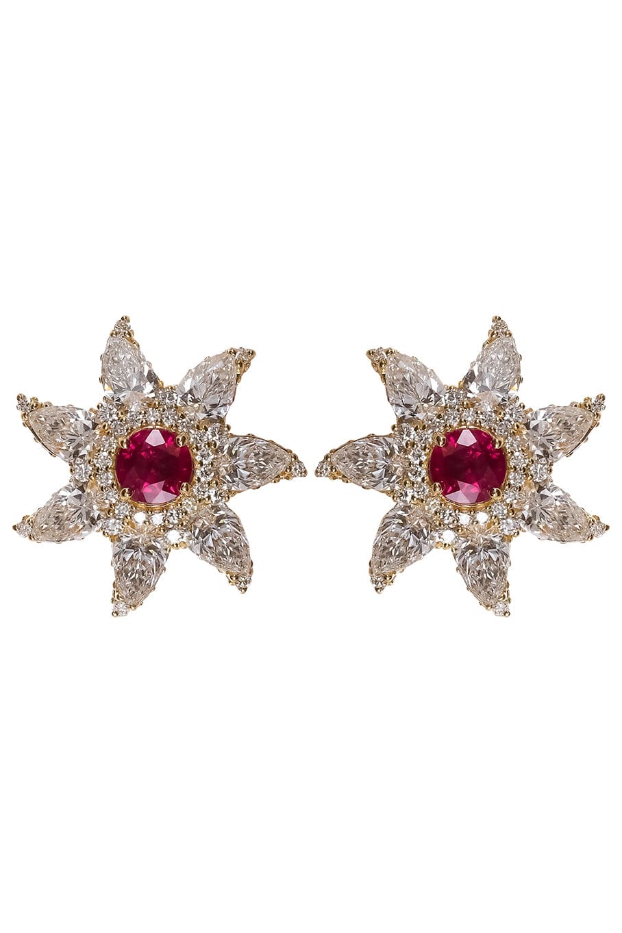 SABOO FINE JEWELS-Ruby and Diamond Floral Symphony Earrings-YELLOW GOLD