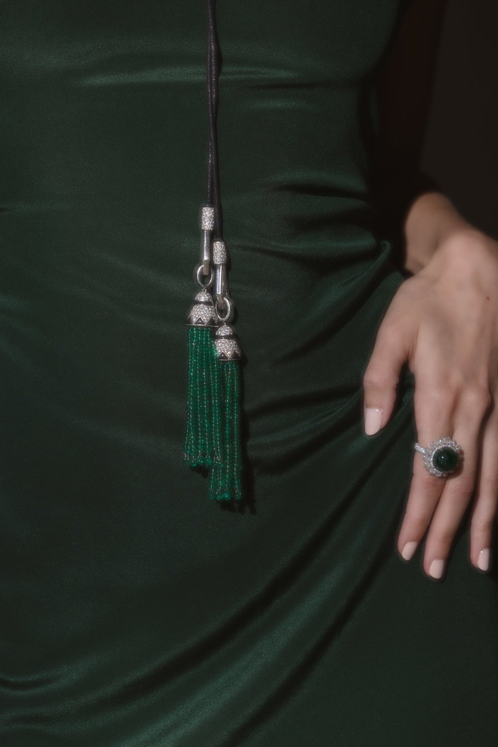 SABOO FINE JEWELS-Royalle Emerald Tassel Necklace-PLATINUM