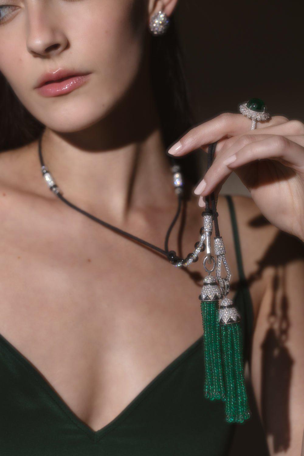 SABOO FINE JEWELS-Royalle Emerald Tassel Necklace-PLATINUM