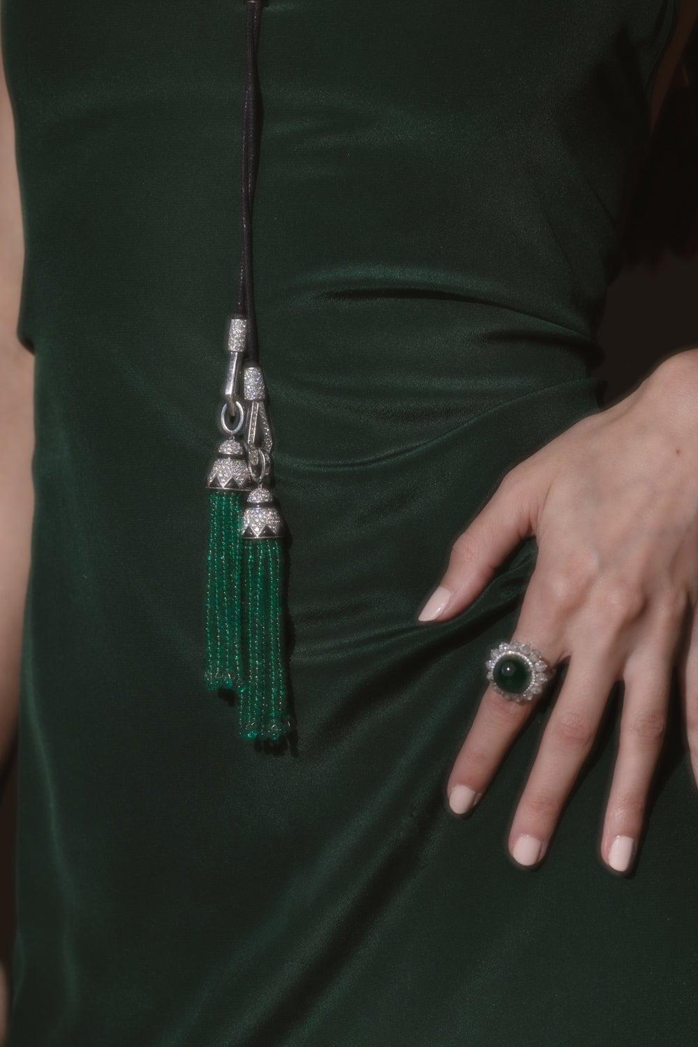SABOO FINE JEWELS-Royalle Emerald Tassel Necklace-PLATINUM