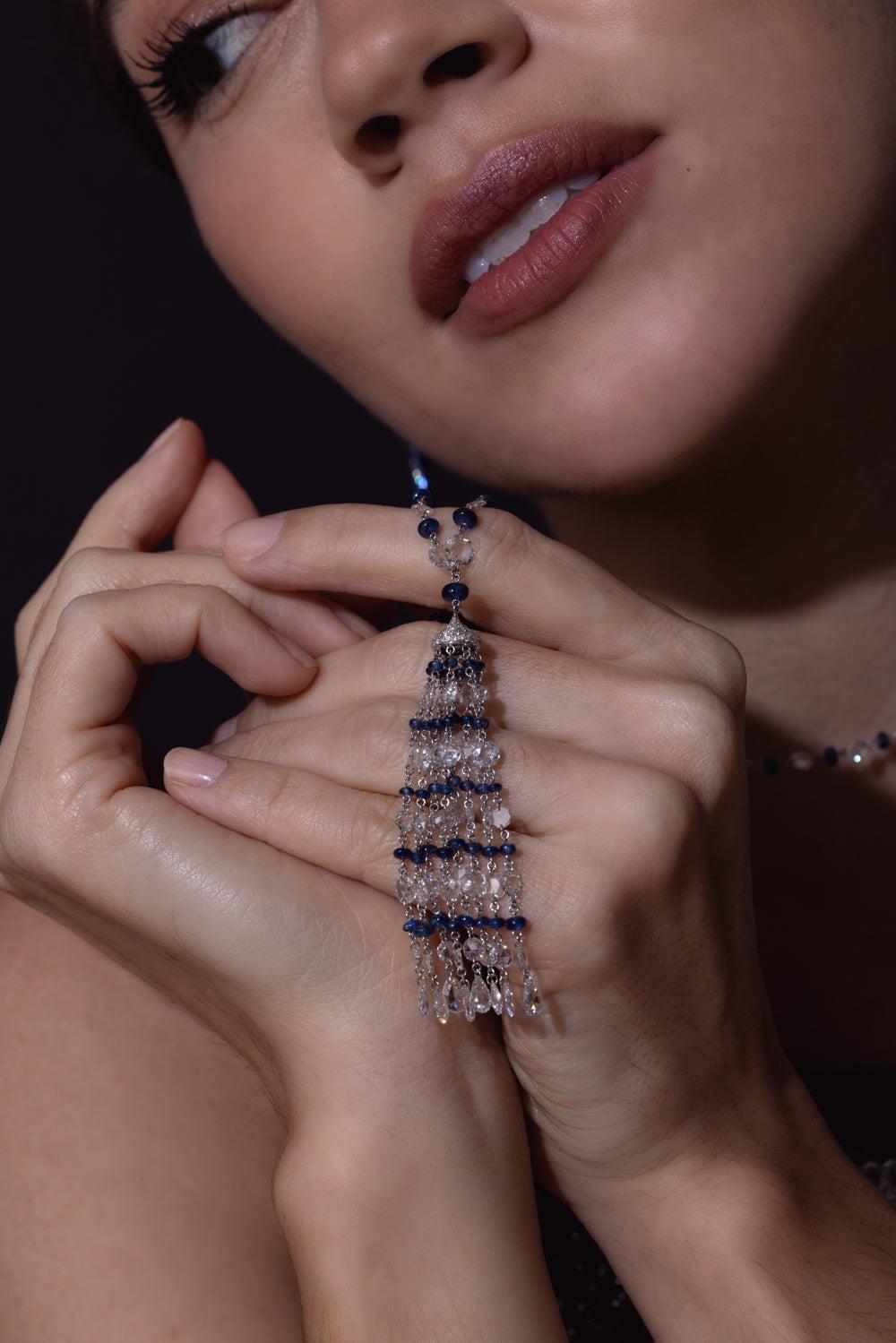 SABOO FINE JEWELS-Sapphire Diamond Tassel Necklace-WHITE GOLD