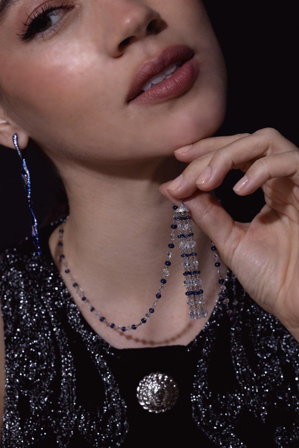 SABOO FINE JEWELS-Sapphire Diamond Tassel Necklace-WHITE GOLD