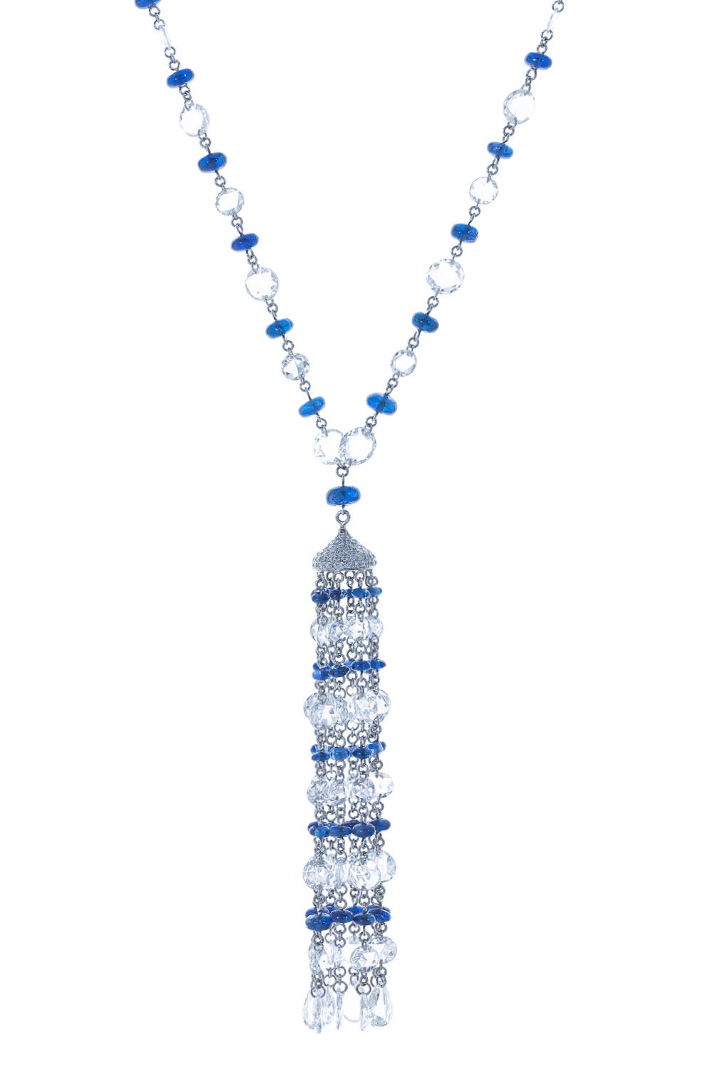 SABOO FINE JEWELS-Sapphire Diamond Tassel Necklace-WHITE GOLD