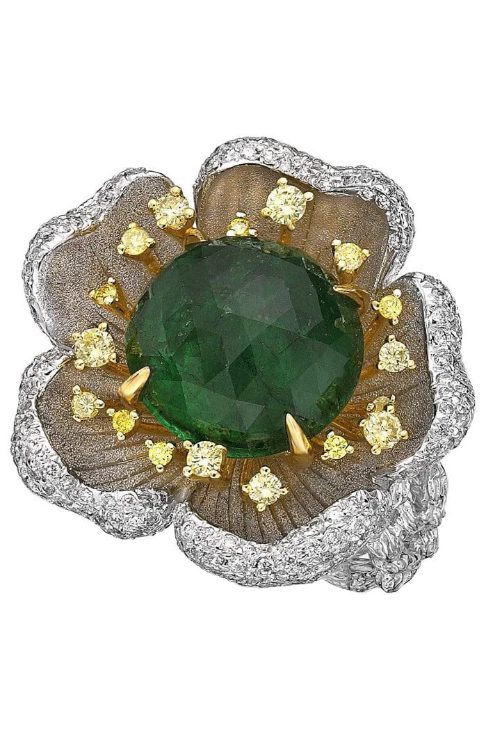 SABOO FINE JEWELS-Royalle Emerald Flower Ring-WHITE GOLD