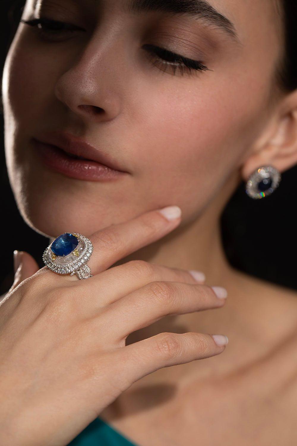 SABOO FINE JEWELS-Cushion Sapphire Diamond Ring-WHITE GOLD