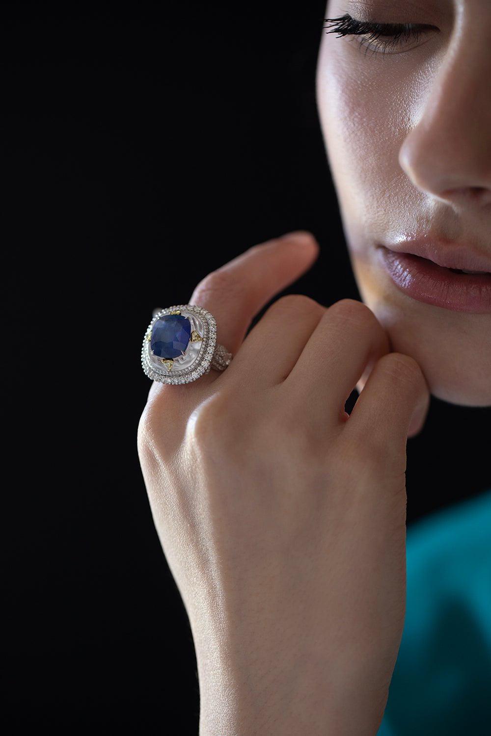 SABOO FINE JEWELS-Cushion Sapphire Diamond Ring-WHITE GOLD
