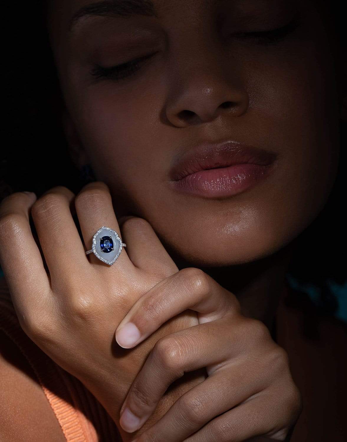SABOO FINE JEWELS-Oval Sapphire, White Jade and Diamond Ring-WHITE GOLD