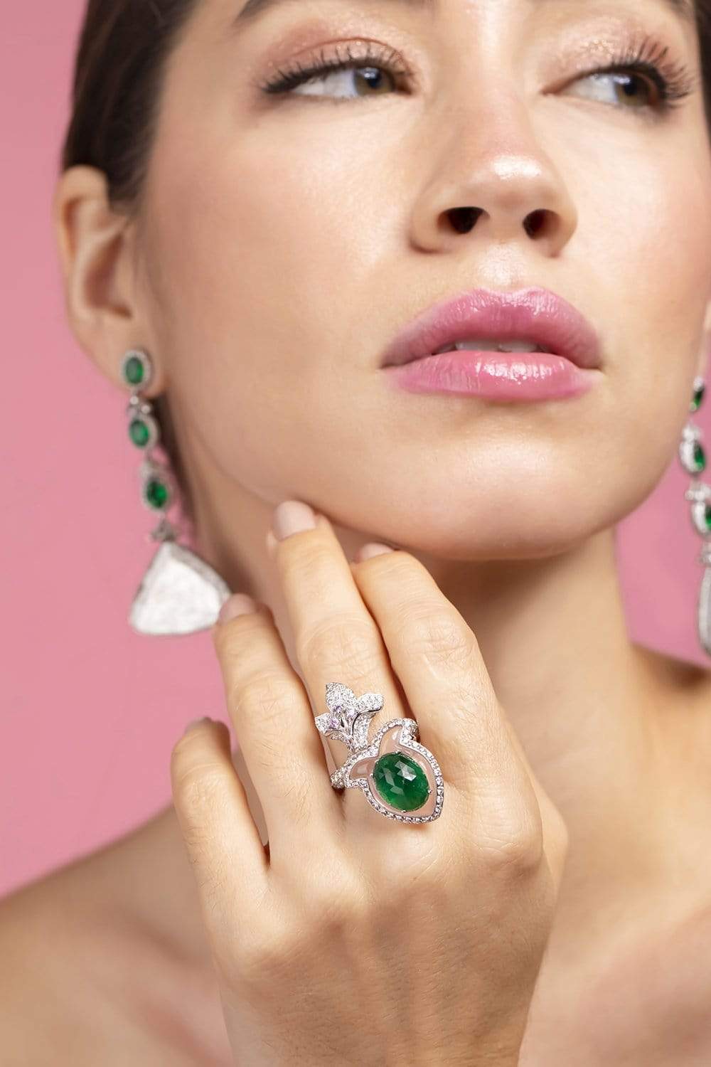 SABOO FINE JEWELS-Aura Emerald and Diamond Flower Ring-WHITE GOLD