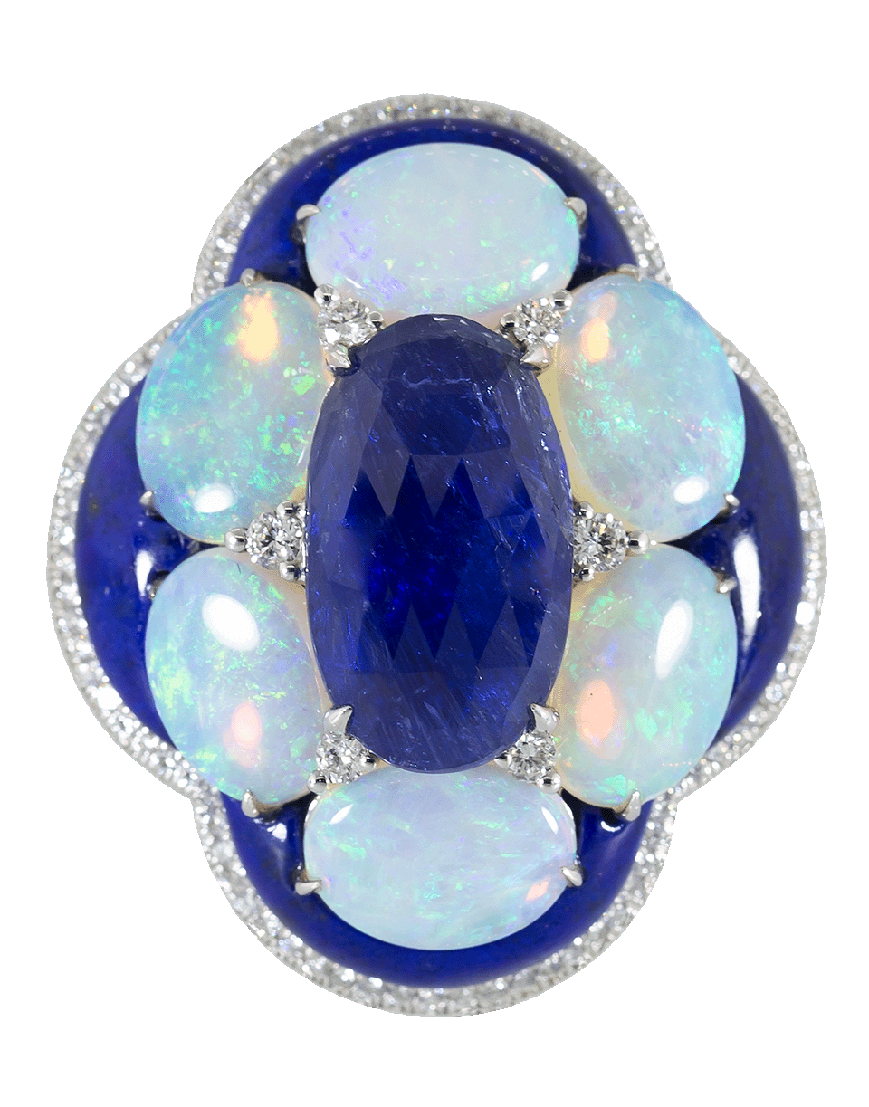 SABOO FINE JEWELS-Blue Sapphire and Opal Flower Ring-WHITE GOLD