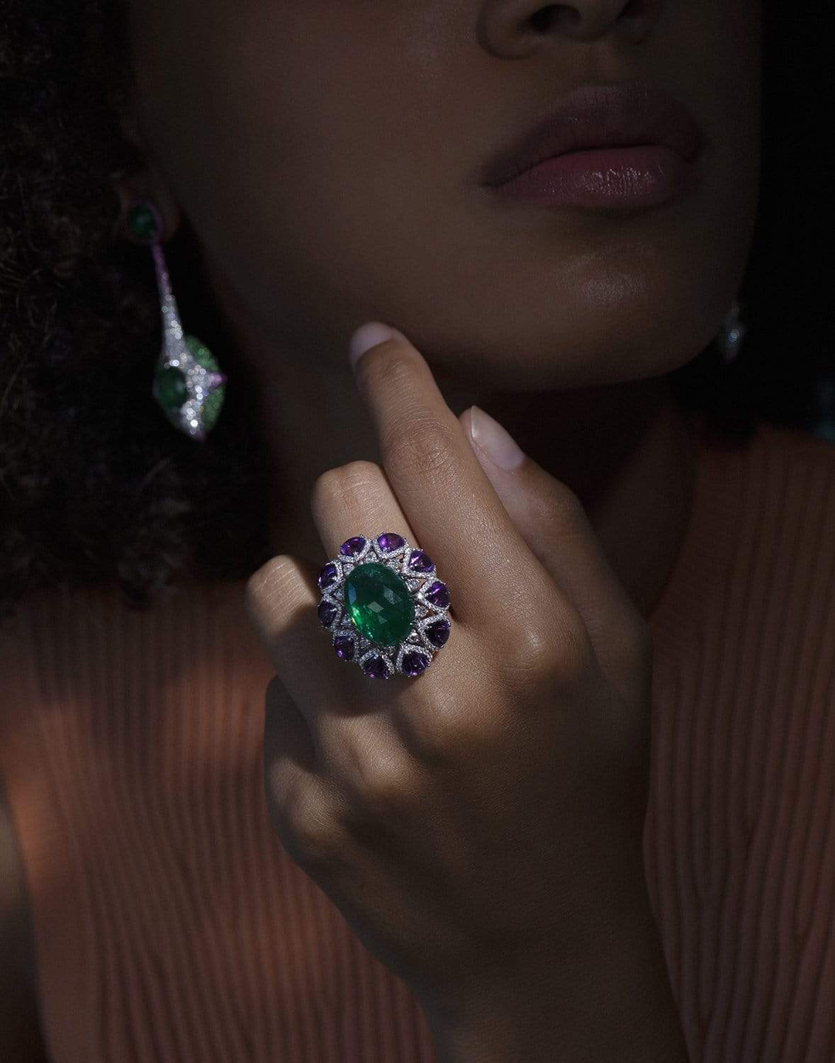 SABOO FINE JEWELS-Emerald, Amethyst and Diamond Ring-WHITE GOLD
