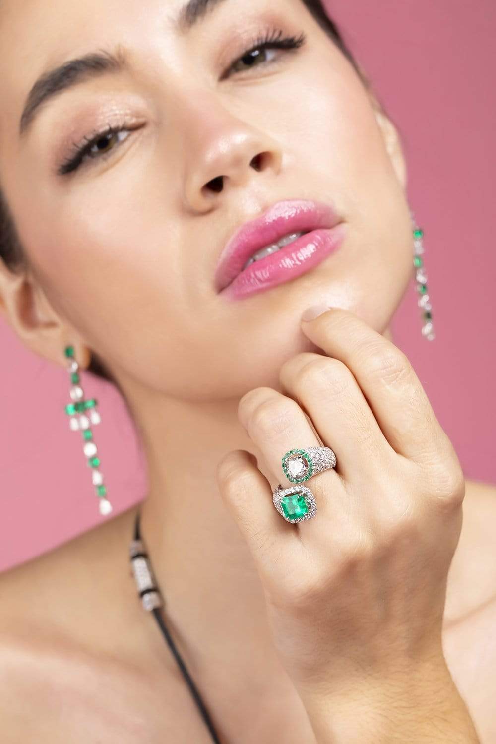 SABOO FINE JEWELS-Royalle Emerald and Diamond Bypass Ring-WHITE GOLD