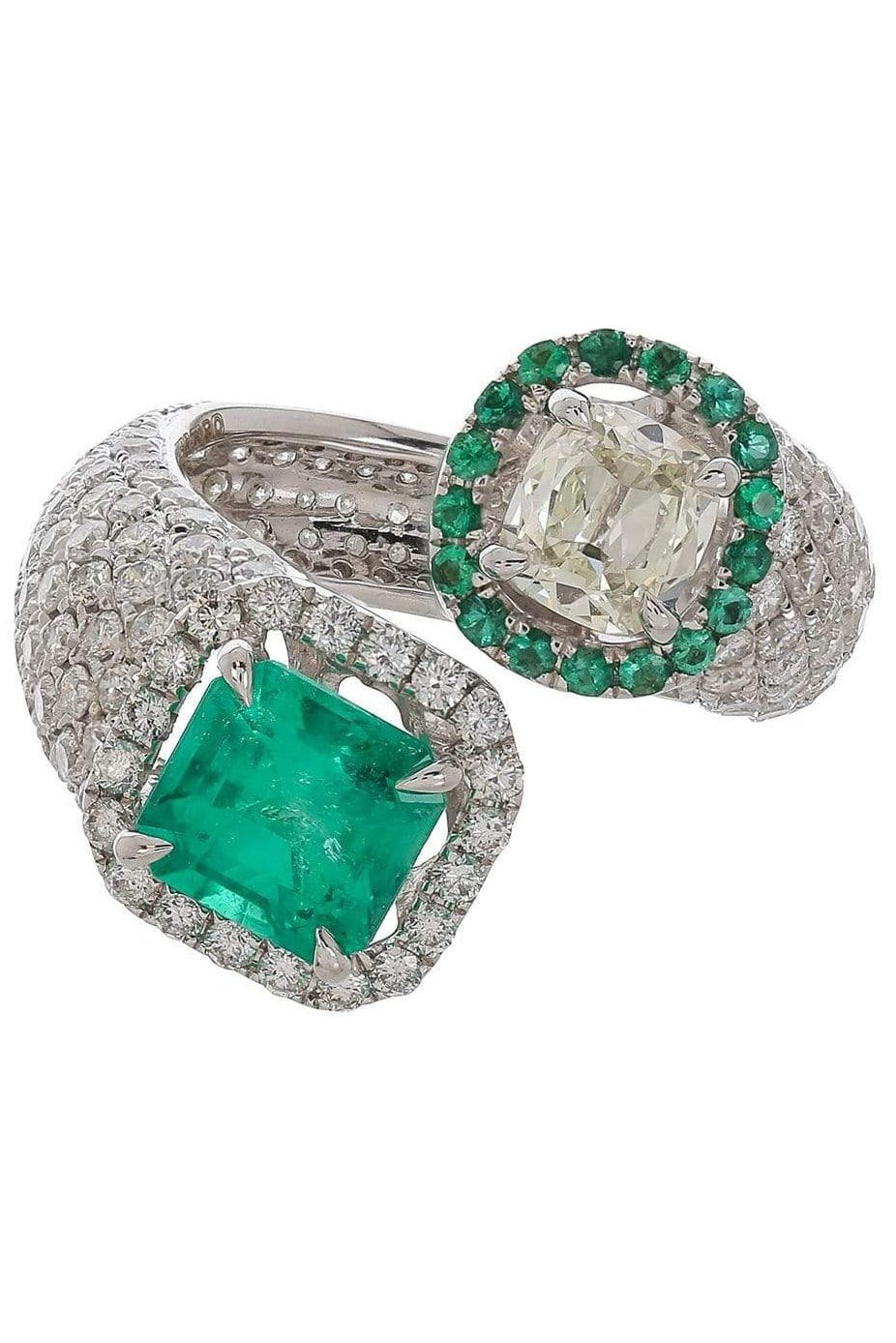 SABOO FINE JEWELS-Royalle Emerald and Diamond Bypass Ring-WHITE GOLD