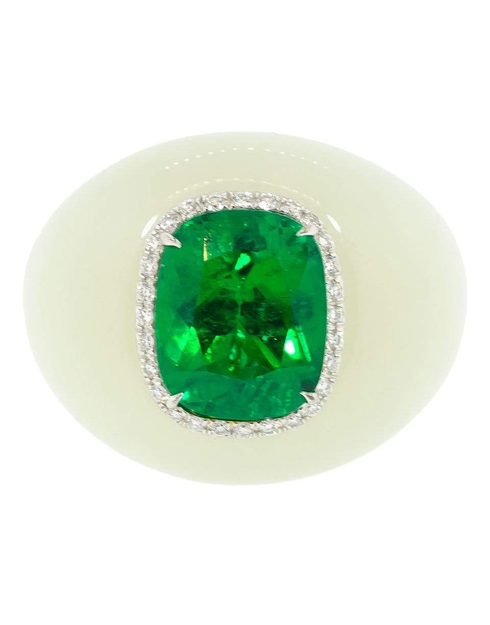 SABOO FINE JEWELS-White Jade Ring with Emerald Center-WHITE GOLD