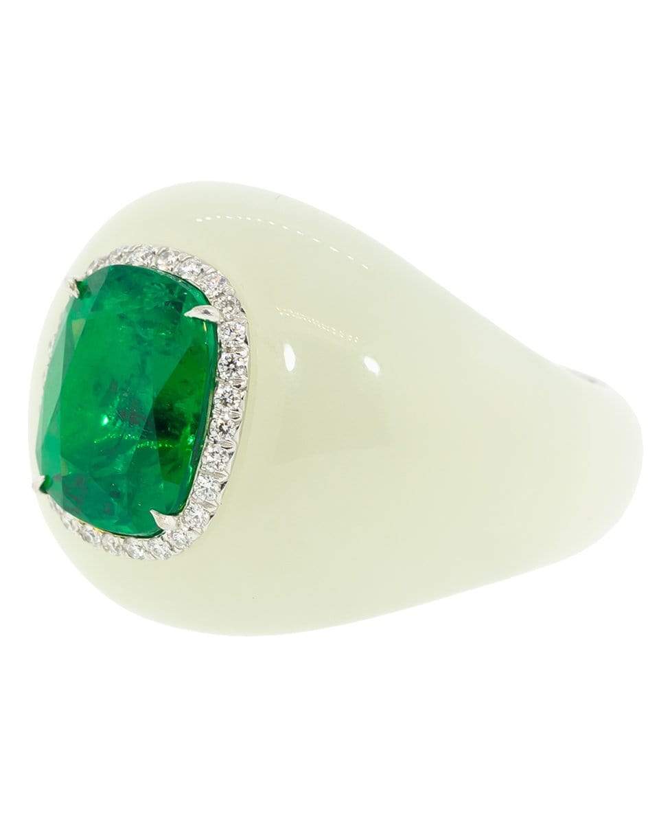 SABOO FINE JEWELS-White Jade Ring with Emerald Center-WHITE GOLD