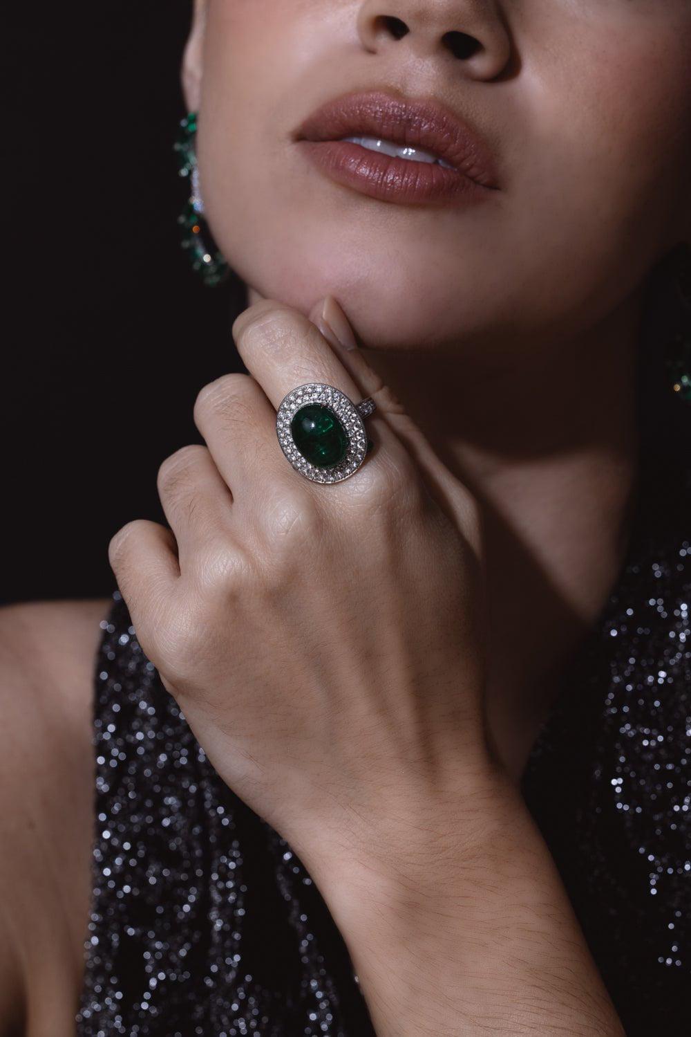 SABOO FINE JEWELS-Emerald Diamond Ring-WHITE GOLD