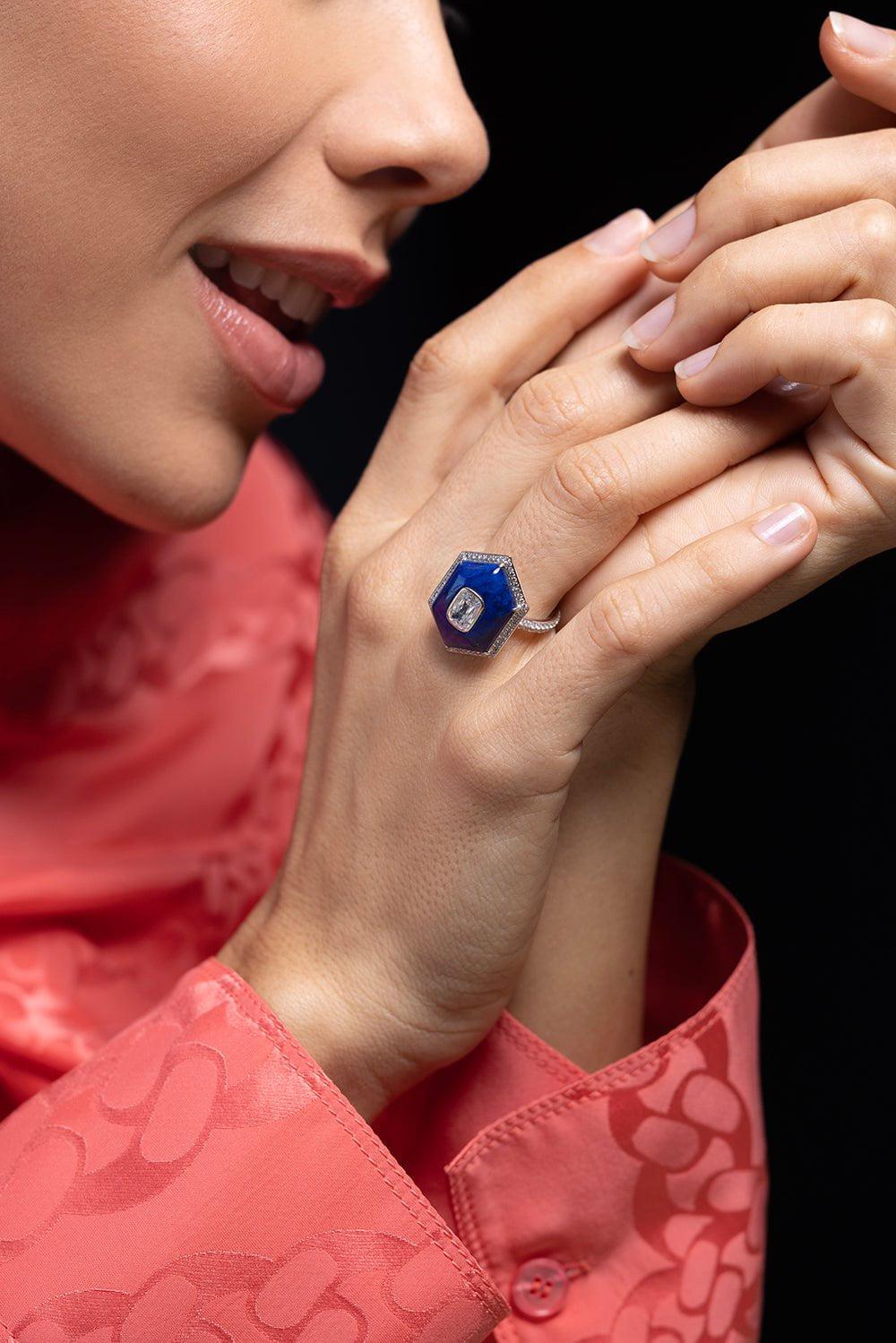 SABOO FINE JEWELS-Diamond Lapis Hexagon Ring-WHITE GOLD