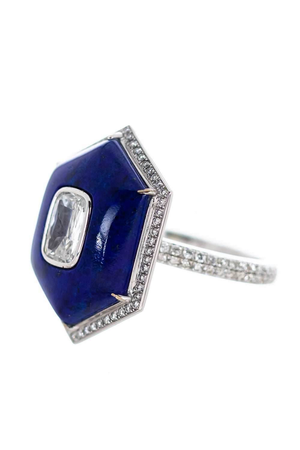 SABOO FINE JEWELS-Diamond Lapis Hexagon Ring-WHITE GOLD