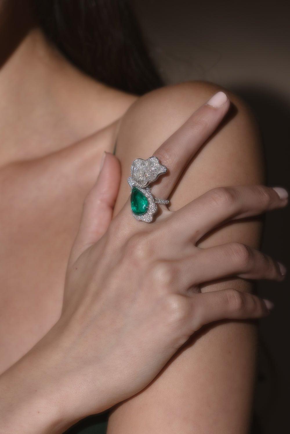 SABOO FINE JEWELS-Emerald Diamond Briolette Ring-WHITE GOLD