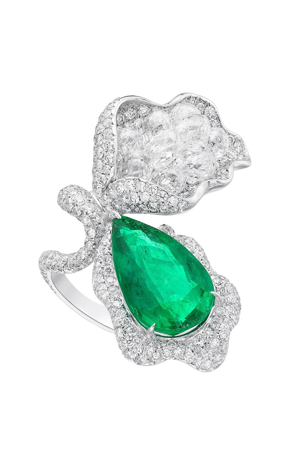 SABOO FINE JEWELS-Emerald Diamond Briolette Ring-WHITE GOLD