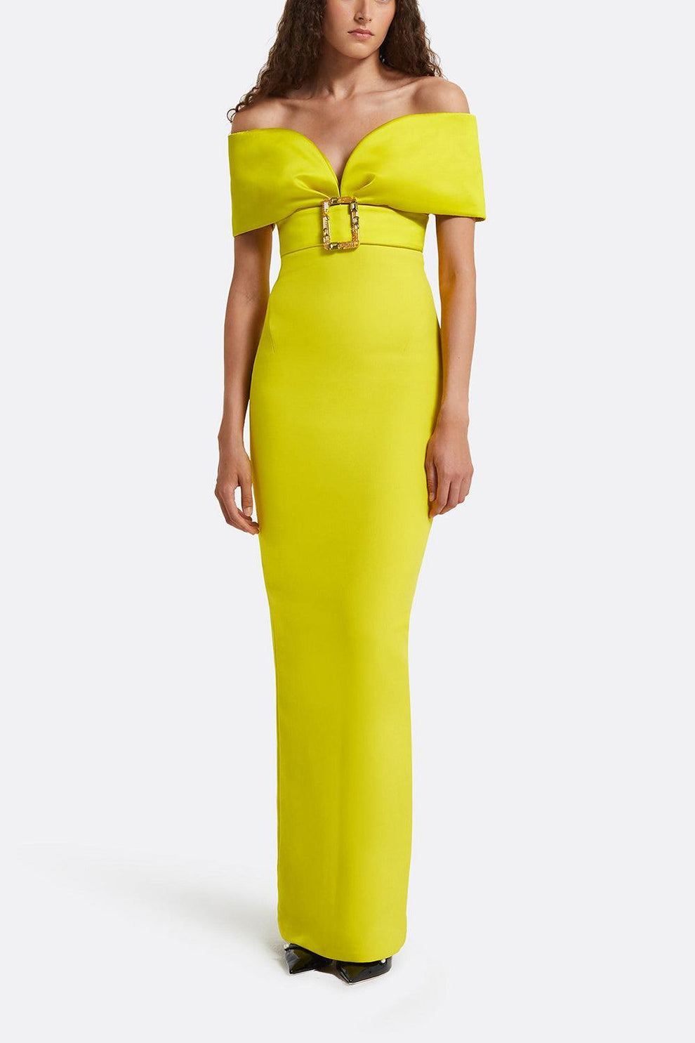 Safiyaa Women's Abike Crystal Buckle Duchess Crepe Off-Shoulder Gown in Chartreuse With Multi-Chartreuse Green Size FR 40 / 8 Safiyaa Women's Abike Crystal Buckle Duchess Crepe Off-Shoulder Gown in Chartreuse With Multi-Chartreuse Green Size FR 40 / 8