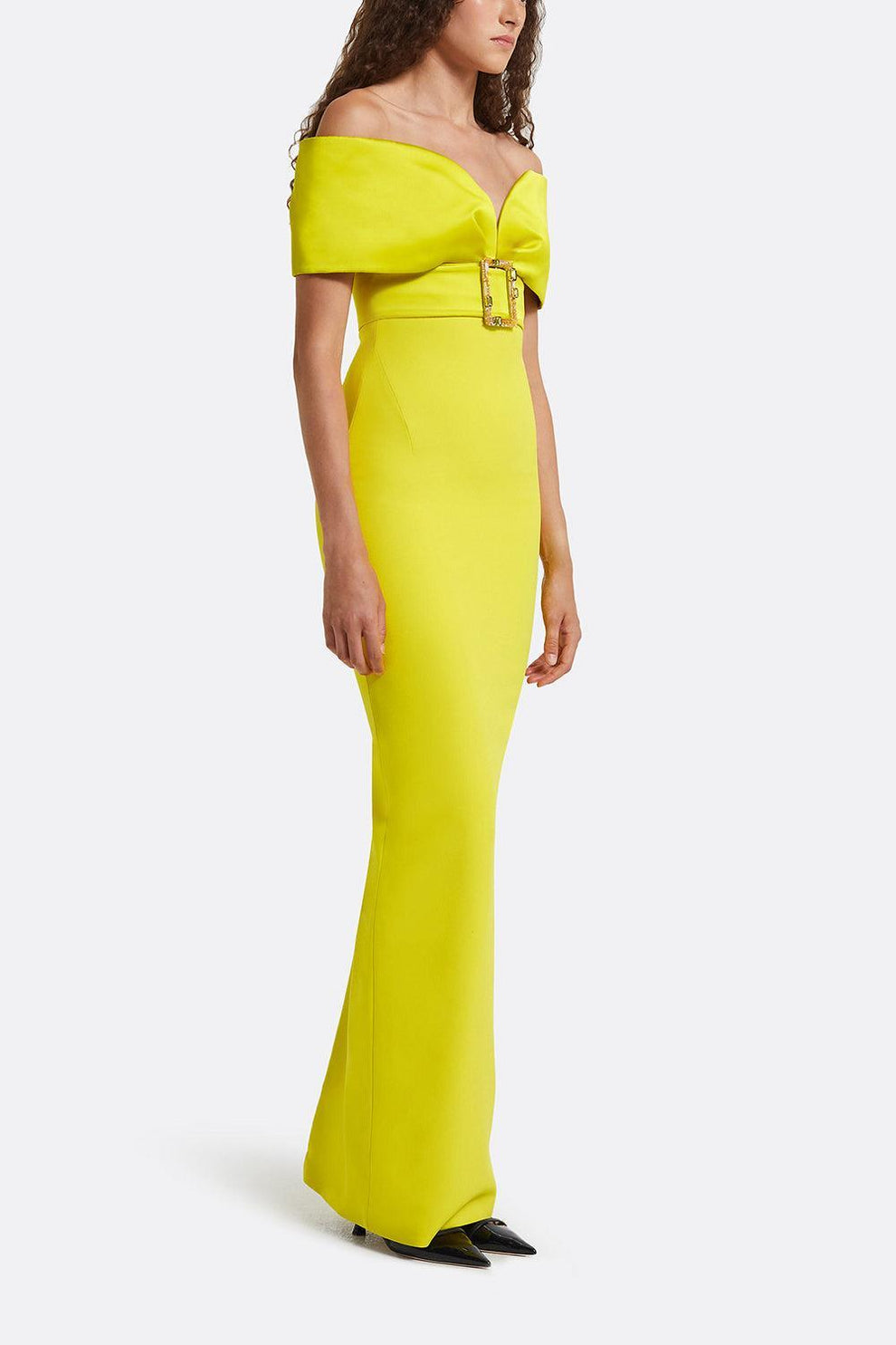 Safiyaa Women's Abike Crystal Buckle Duchess Crepe Off-Shoulder Gown in Chartreuse With Multi-Chartreuse Green Size FR 40 / 8 Safiyaa Women's Abike Crystal Buckle Duchess Crepe Off-Shoulder Gown in Chartreuse With Multi-Chartreuse Green Size FR 40 / 8