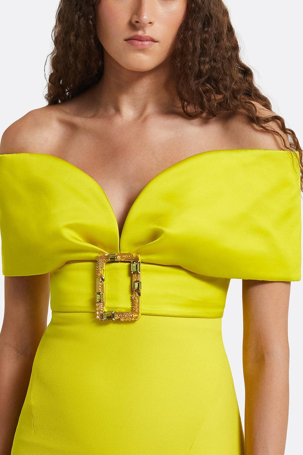 Safiyaa Women's Abike Crystal Buckle Duchess Crepe Off-Shoulder Gown in Chartreuse With Multi-Chartreuse Green Size FR 40 / 8