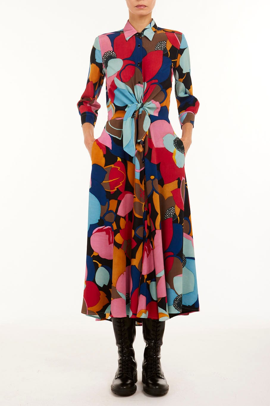 SARA ROKA-Tie Front Midi Shirt Dress-